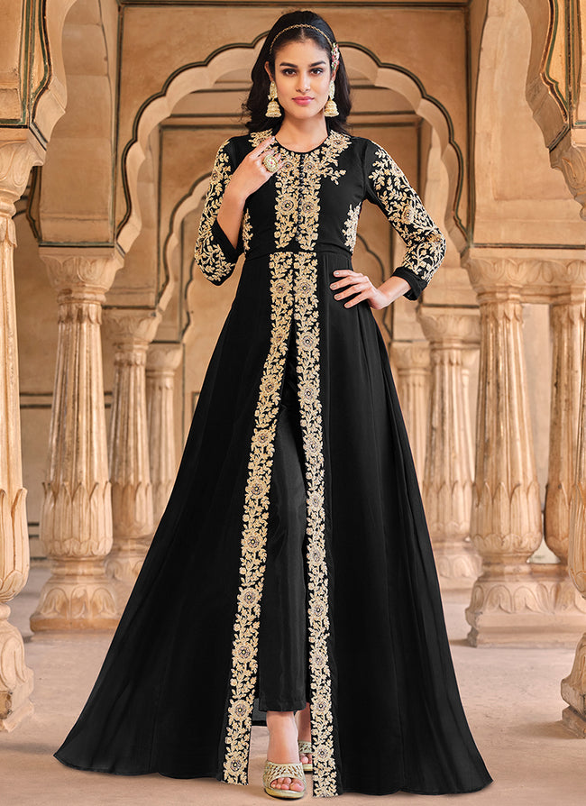 Black Gown in Faux Georgette with Embroidery Sequence Work -